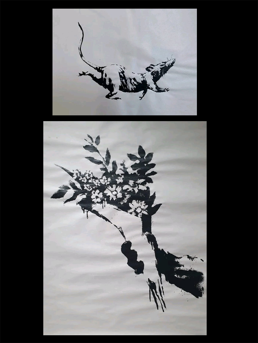Banksy Rat and Flower Thrower GDP posters - set of two from a Banksy Croydon Goss Domestic Product Shop 2019