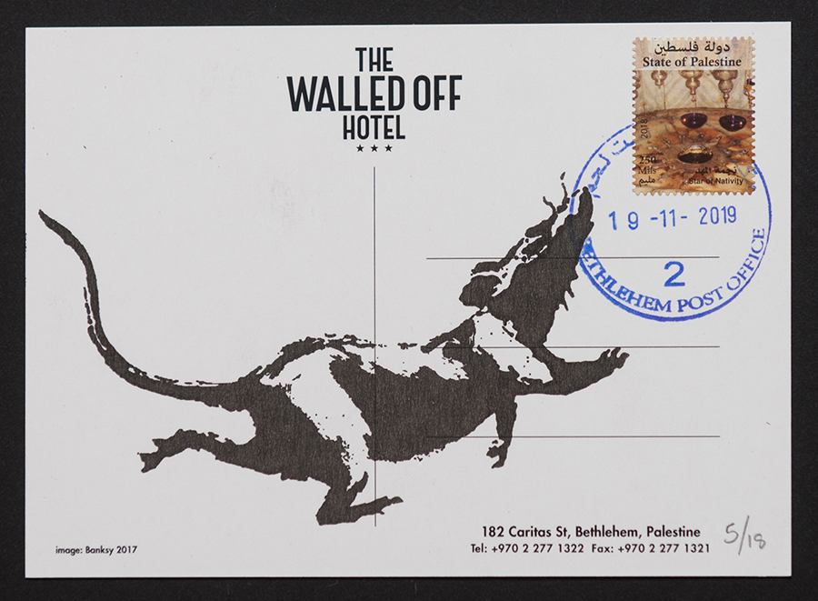 Back of Rare Banksy Postcard with large rat plus State of Palestine postage Stamp and Bethlehem Post Office Date Stamp