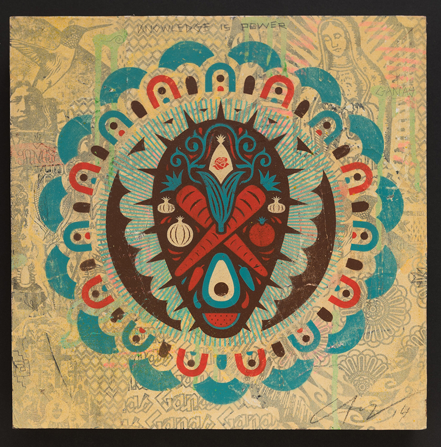 A one off painting by Ernesto Yerena - Food Truth. Mixed media on wooden panel