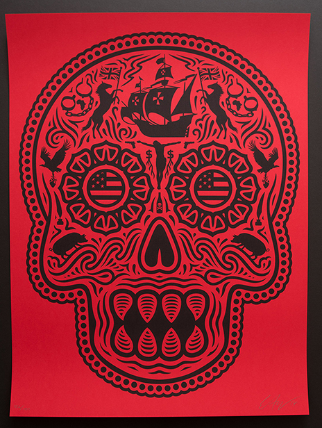 Ernesto Yerena Print - Coloniam Deductam - Black Skull on Red