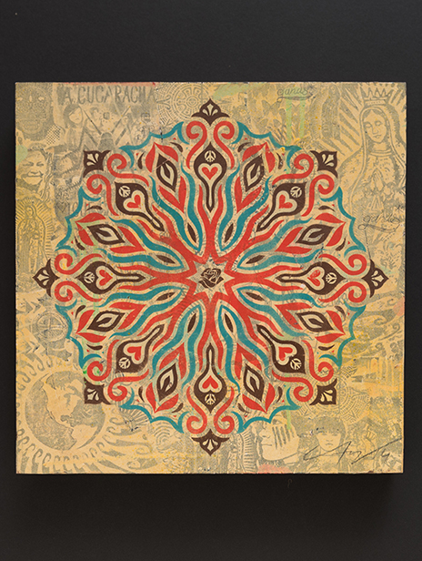 Ernesto Yerena Unique Artwork - Peace And Love. Spray Paint Stencil on Mixed Media Background on 12 X12 Inch Wood Panel. 2014
