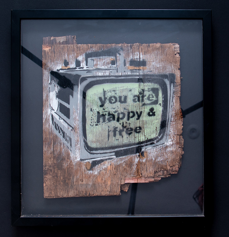 Never Work - You Are Happy And Free - a unique artwork spray painted on wood